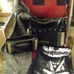 Harley Davidson Blk/Silver Classic Distressed Leather, Clutch Wallet & Purse Set